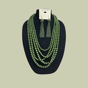 Sophia & Kate Olive Green Tassel Earrings & Unbranded Beaded Necklace Set